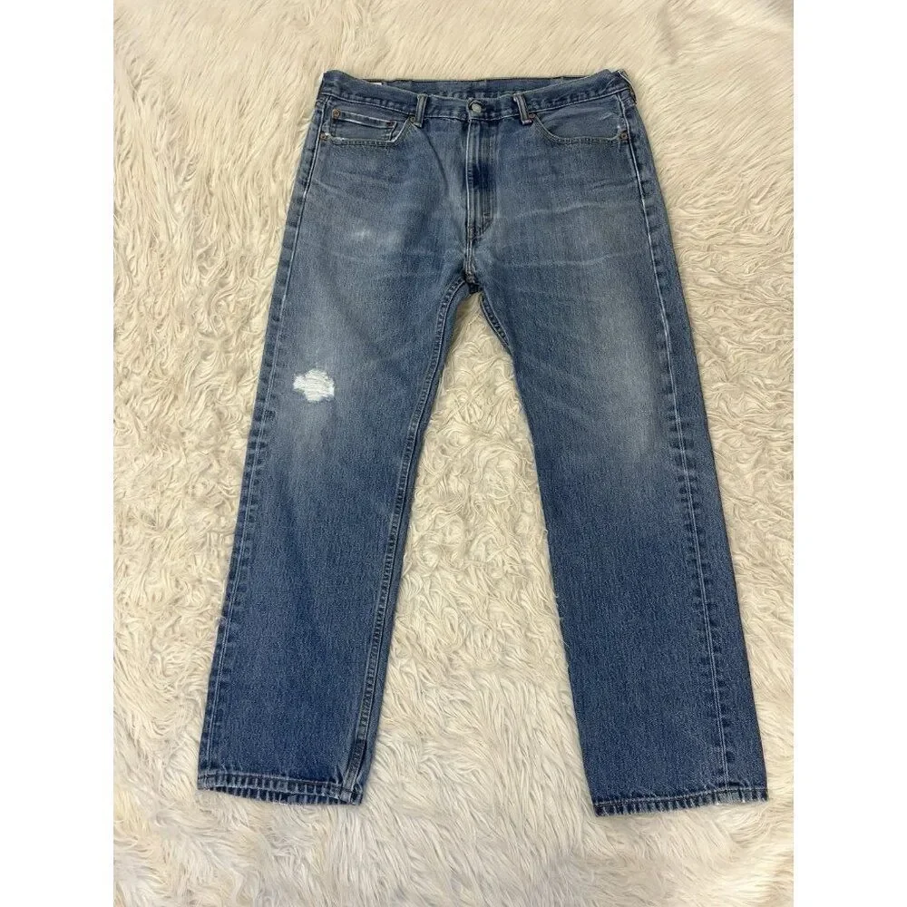 Levis 505 Jeans Mens Light Wash Denim Regular Fit Straight Ripped 38X32
